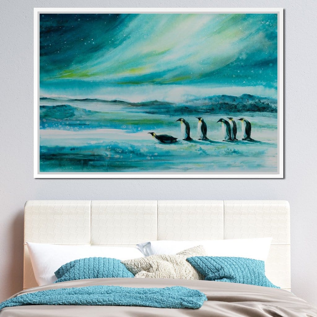 Penguins Under the Aurora Borealis Canvas Wall Art