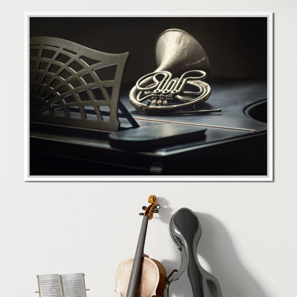 French Horn on the Grand Piano Canvas Wall Art