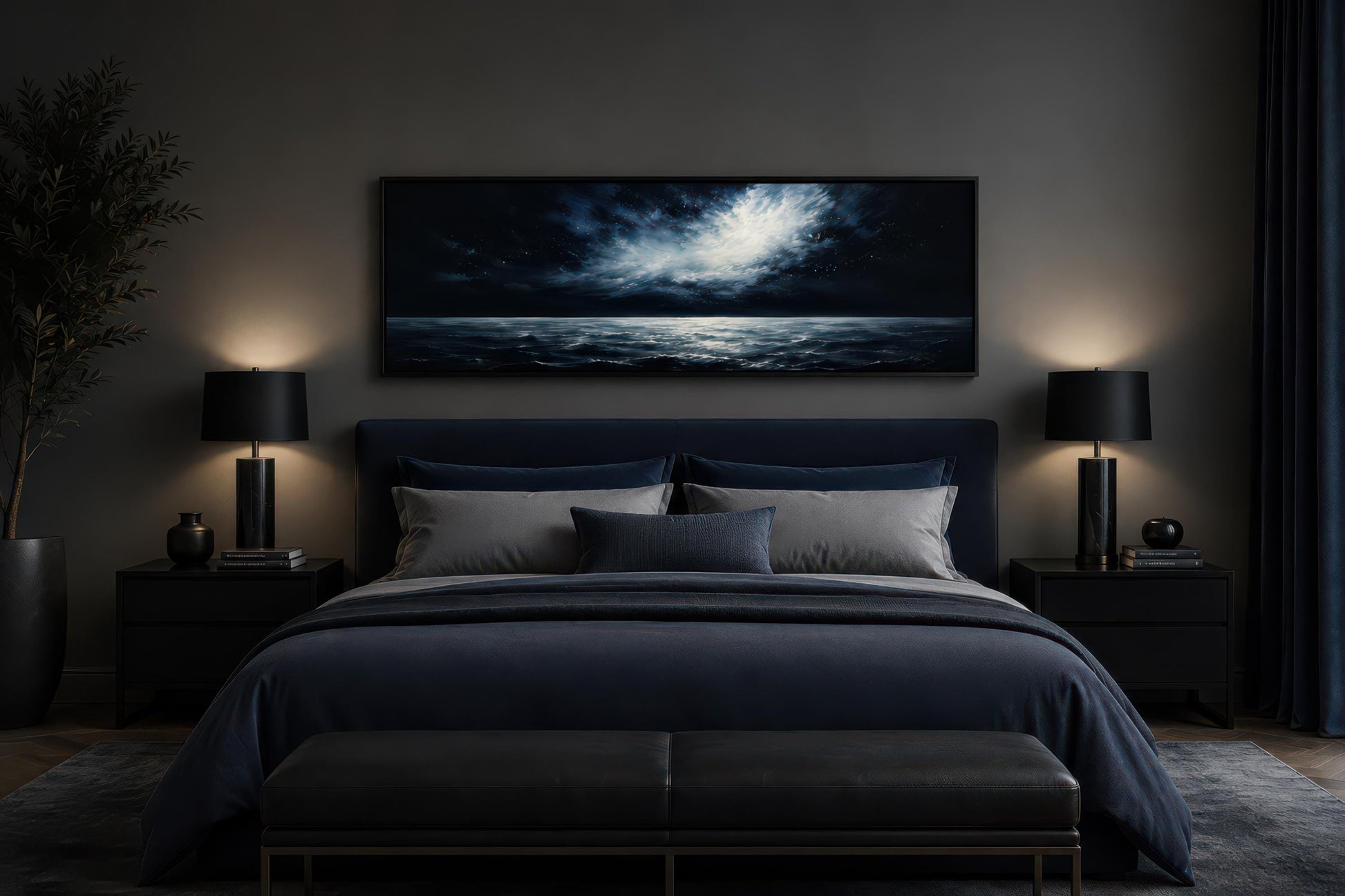 Dark Navy Moonlit Ocean Night Sky Seascape Painting, Moody Masculine Bedroom Decor Canvas Wall Art