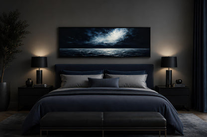 Dark Navy Moonlit Ocean Night Sky Seascape Painting, Moody Masculine Bedroom Decor Canvas Wall Art