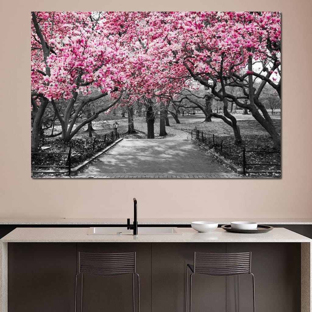 Pink Blossoms in Black and White Canvas Wall Art
