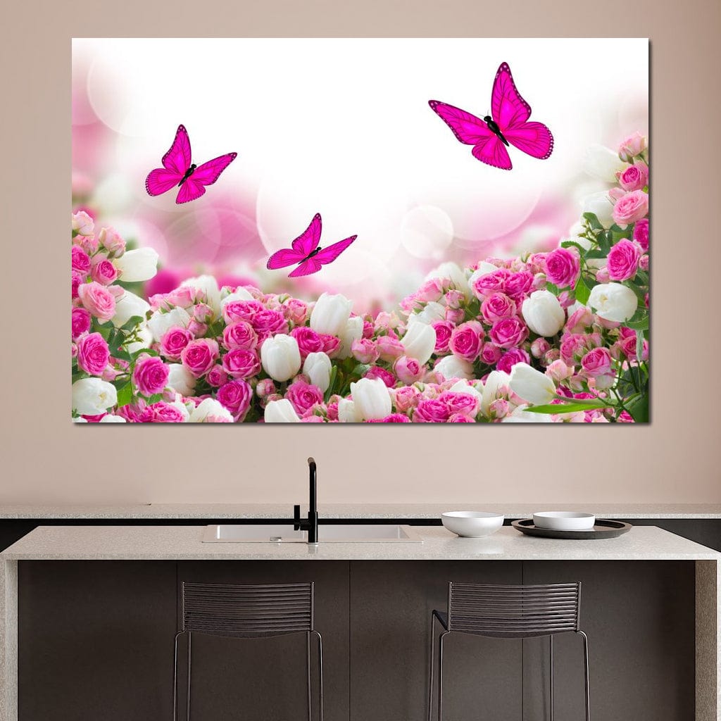 Pink Roses & Butterflies Canvas Wall Art