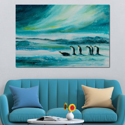Penguins Under the Aurora Borealis Canvas Wall Art