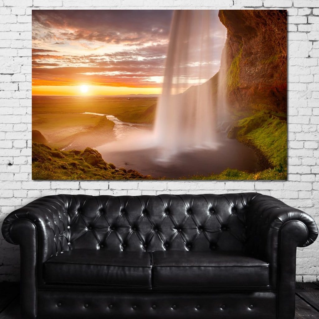Sunset over Seljalandsfoss Waterfall Canvas Wall Art