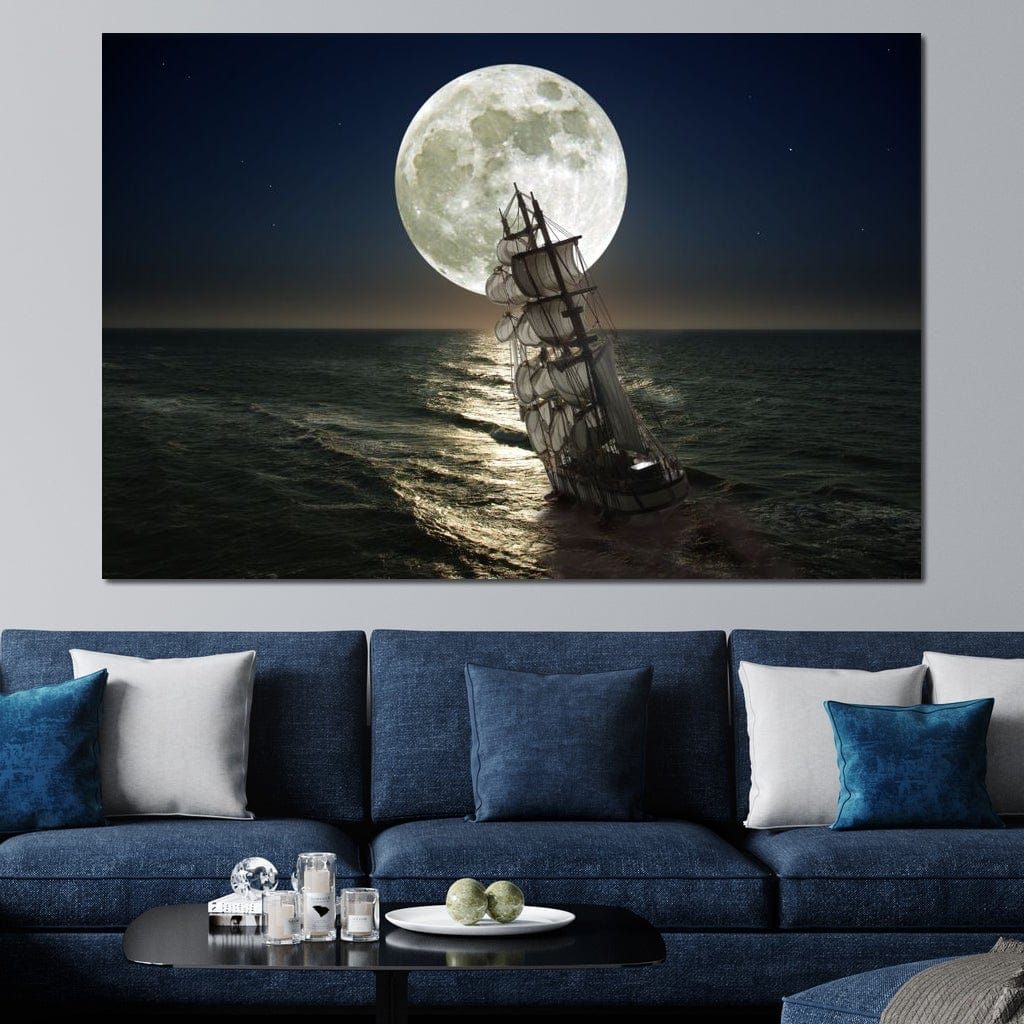 Sailing Under the Giant Moon Canvas Wall Art