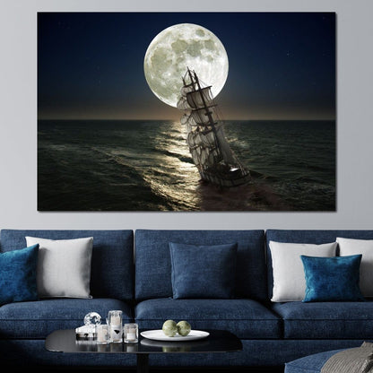 Sailing Under the Giant Moon Canvas Wall Art