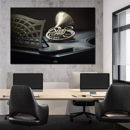 French Horn on the Grand Piano Canvas Wall Art