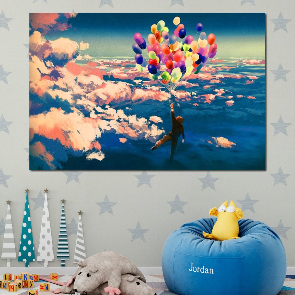Flying with Colorful Balloons Canvas Wall Art