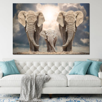 Elephant Family Under the Sun Canvas Wall Art