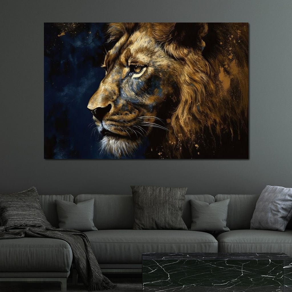 Golden Lion on Blue Background Canvas Wall Art