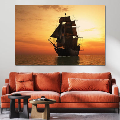 Old Ship At Sea Canvas Wall Art