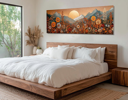 Boho Mountain Landscape - Earthy Wildflower Art | Framed Canvas Print in Warm Colors