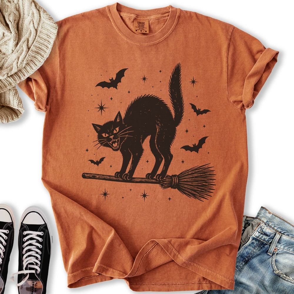 Black Cat On Broomstick Relaxed Tee
