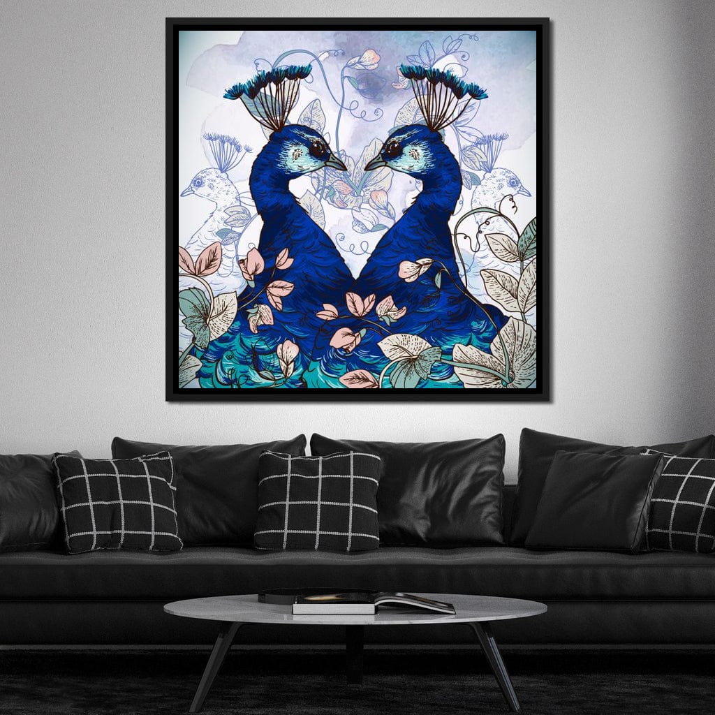 Blue Floral Peacocks Canvas Wall Art