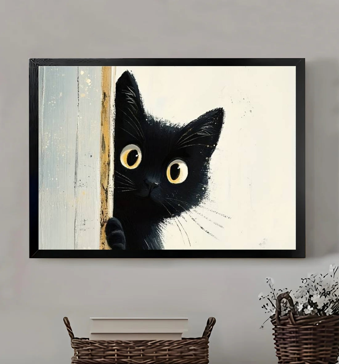 Peekaboo Black Cat – Abstract Wall Art on Natural Wood Canvas