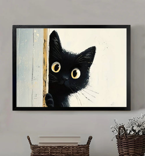 Peekaboo Black Cat – Abstract Wall Art on Natural Wood Canvas