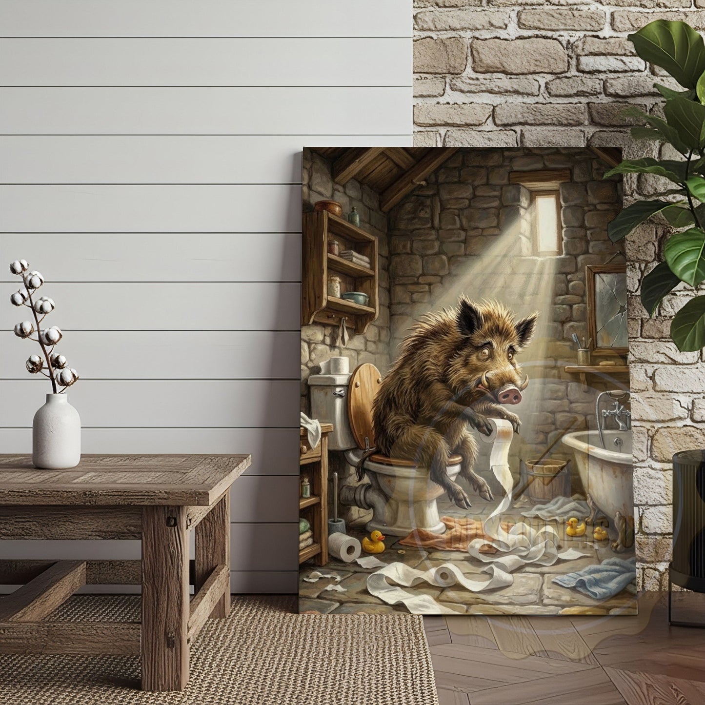 Wild Boar Canvas Rustic Bathroom Stone Wall Humor Canvas Wall Art