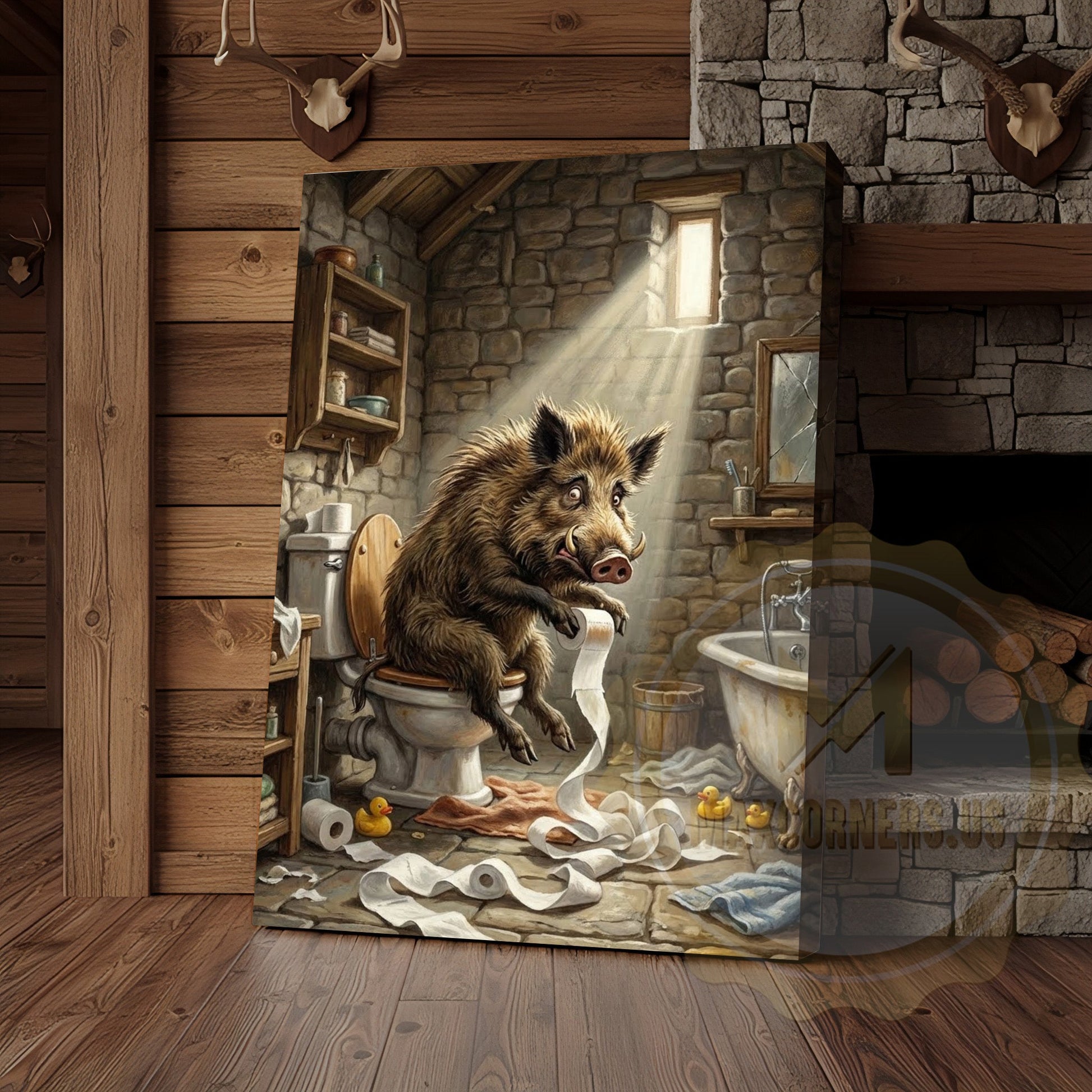Wild Boar Canvas Rustic Bathroom Stone Wall Humor Canvas Wall Art