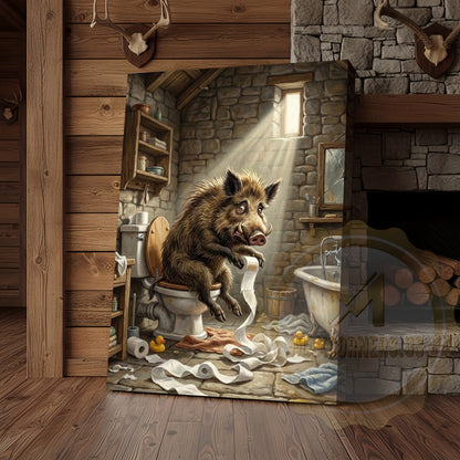 Wild Boar Canvas Rustic Bathroom Stone Wall Humor Canvas Wall Art