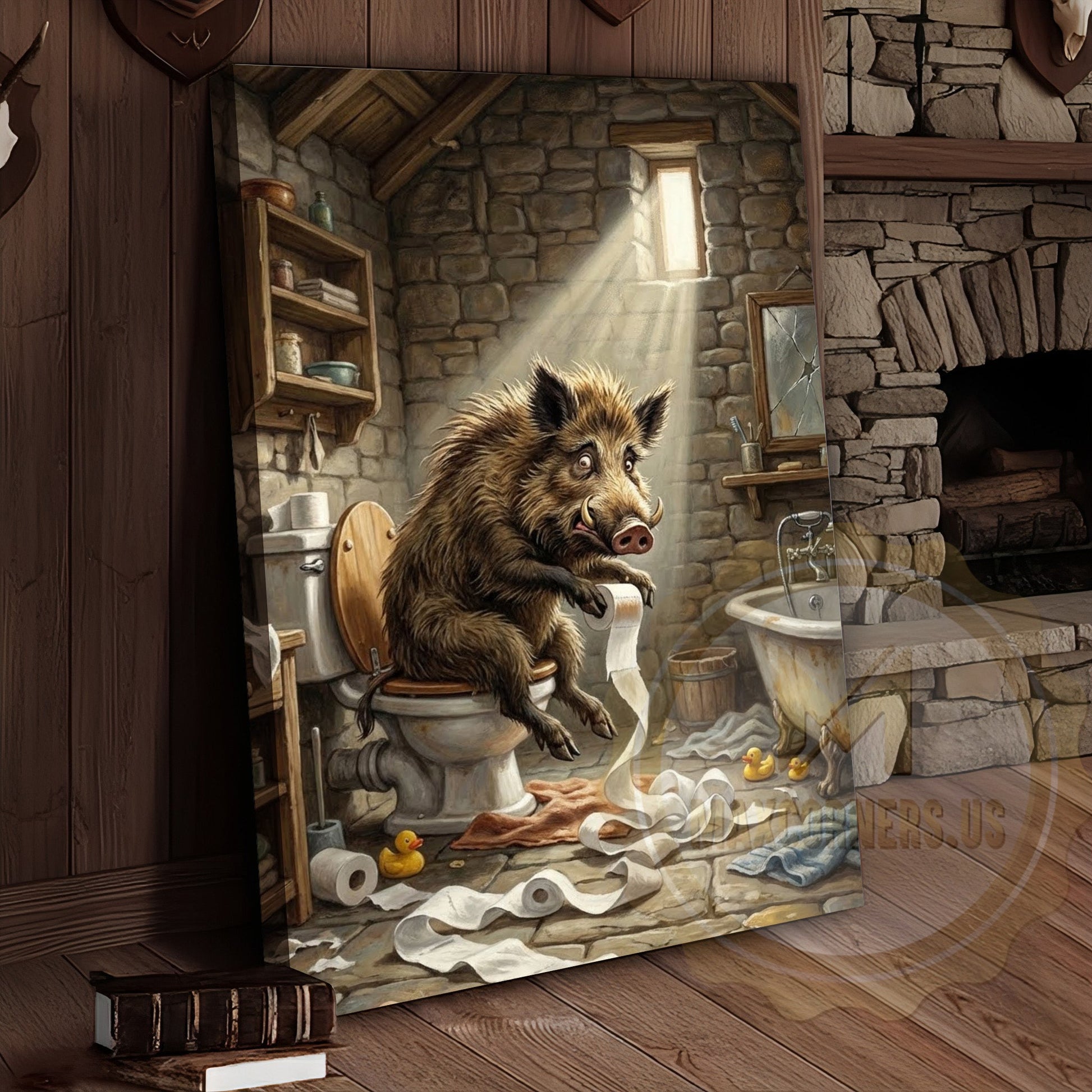 Wild Boar Canvas Rustic Bathroom Stone Wall Humor Canvas Wall Art