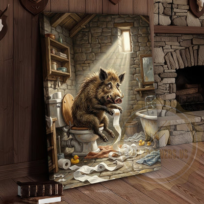 Wild Boar Canvas Rustic Bathroom Stone Wall Humor Canvas Wall Art