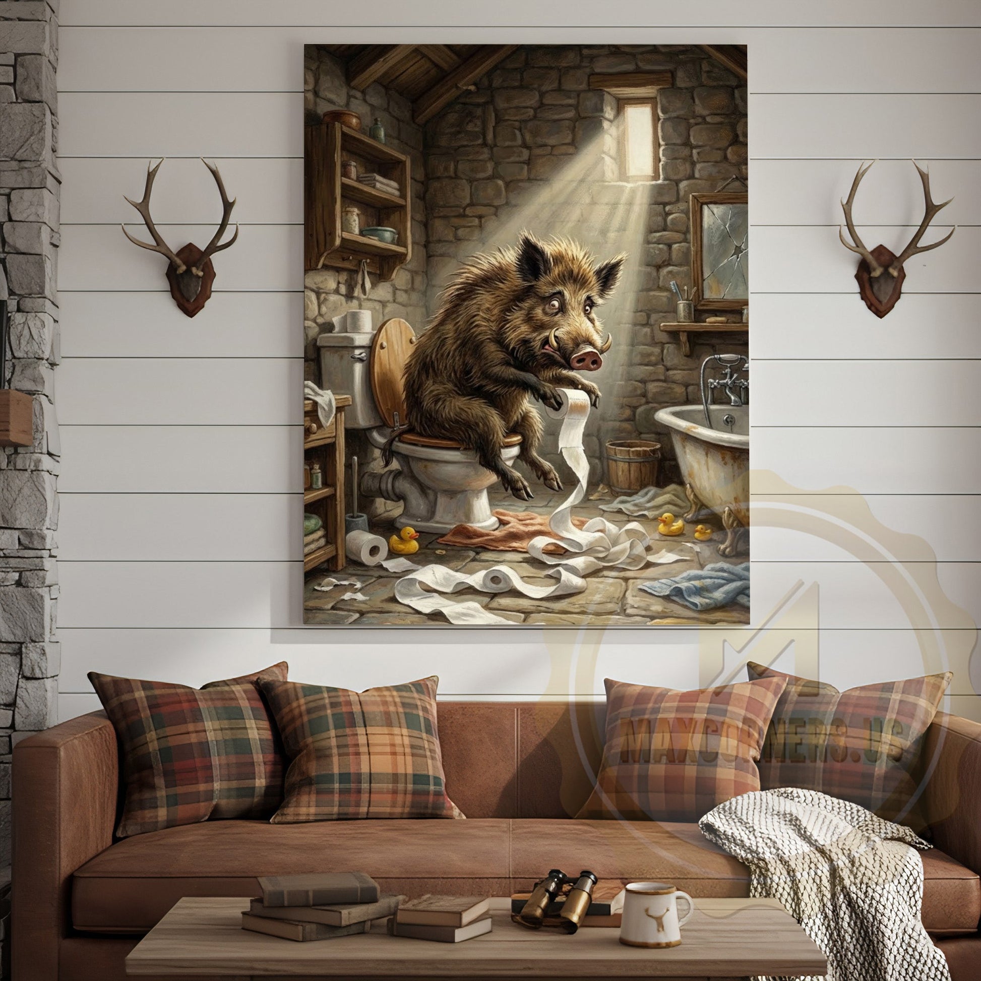 Wild Boar Canvas Rustic Bathroom Stone Wall Humor Canvas Wall Art