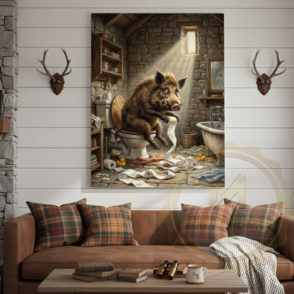 Wild Boar Canvas Rustic Bathroom Stone Wall Humor Canvas Wall Art