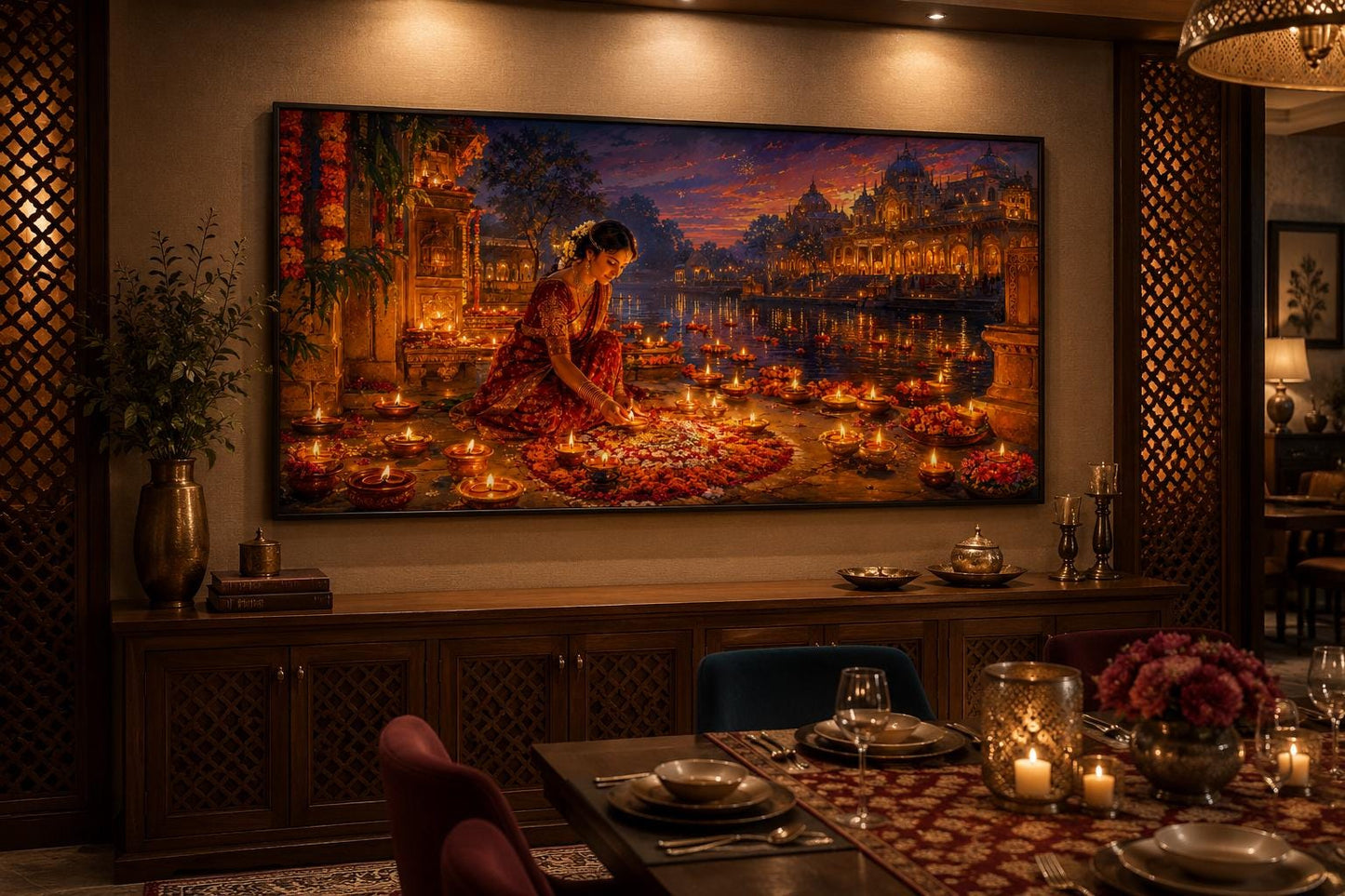 Diwali Canvas Wall Art - Woman Lighting Diyas Indian Festival Painting | Living Room Decor