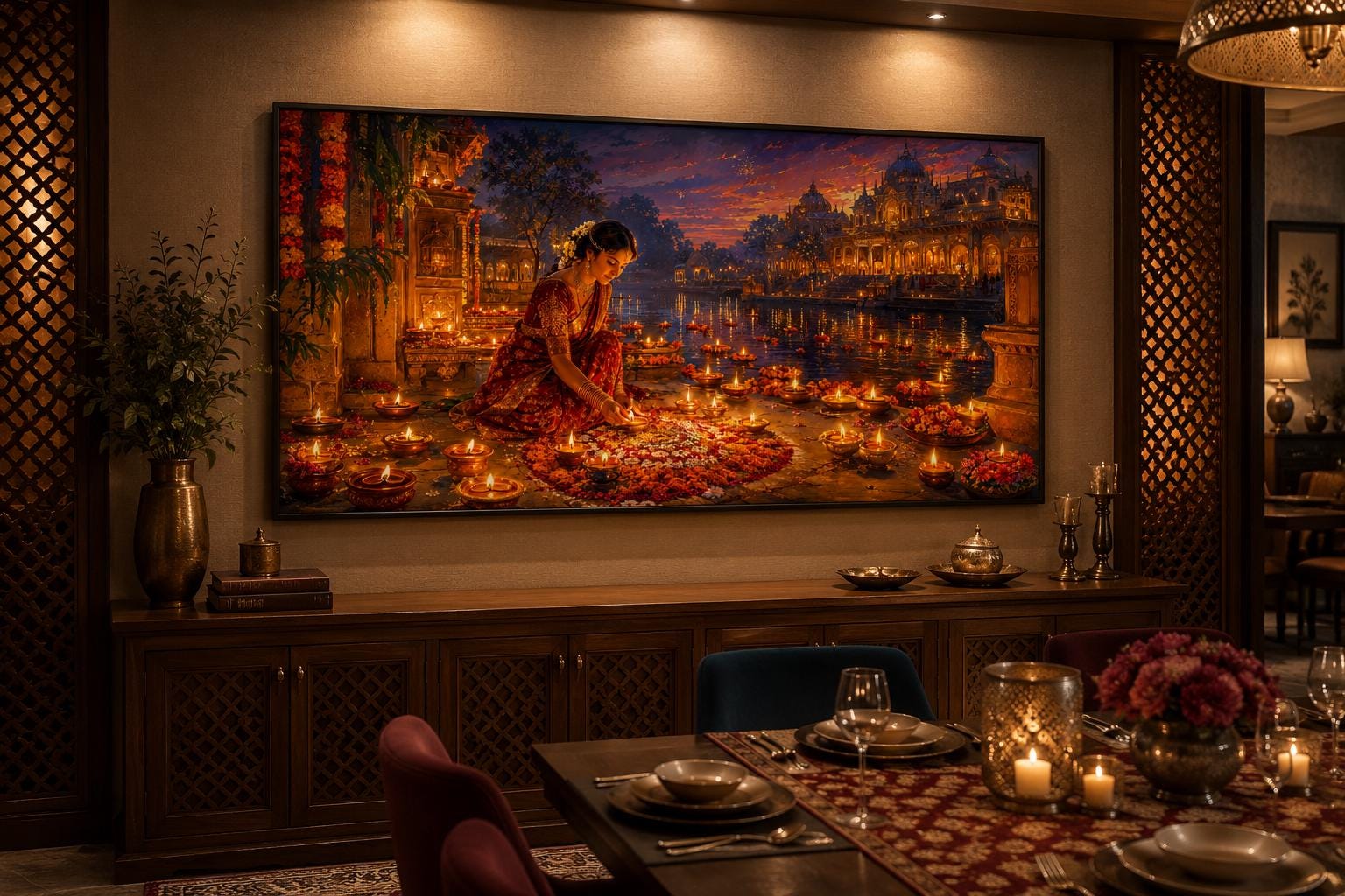 Diwali Canvas Wall Art - Woman Lighting Diyas Indian Festival Painting | Living Room Decor