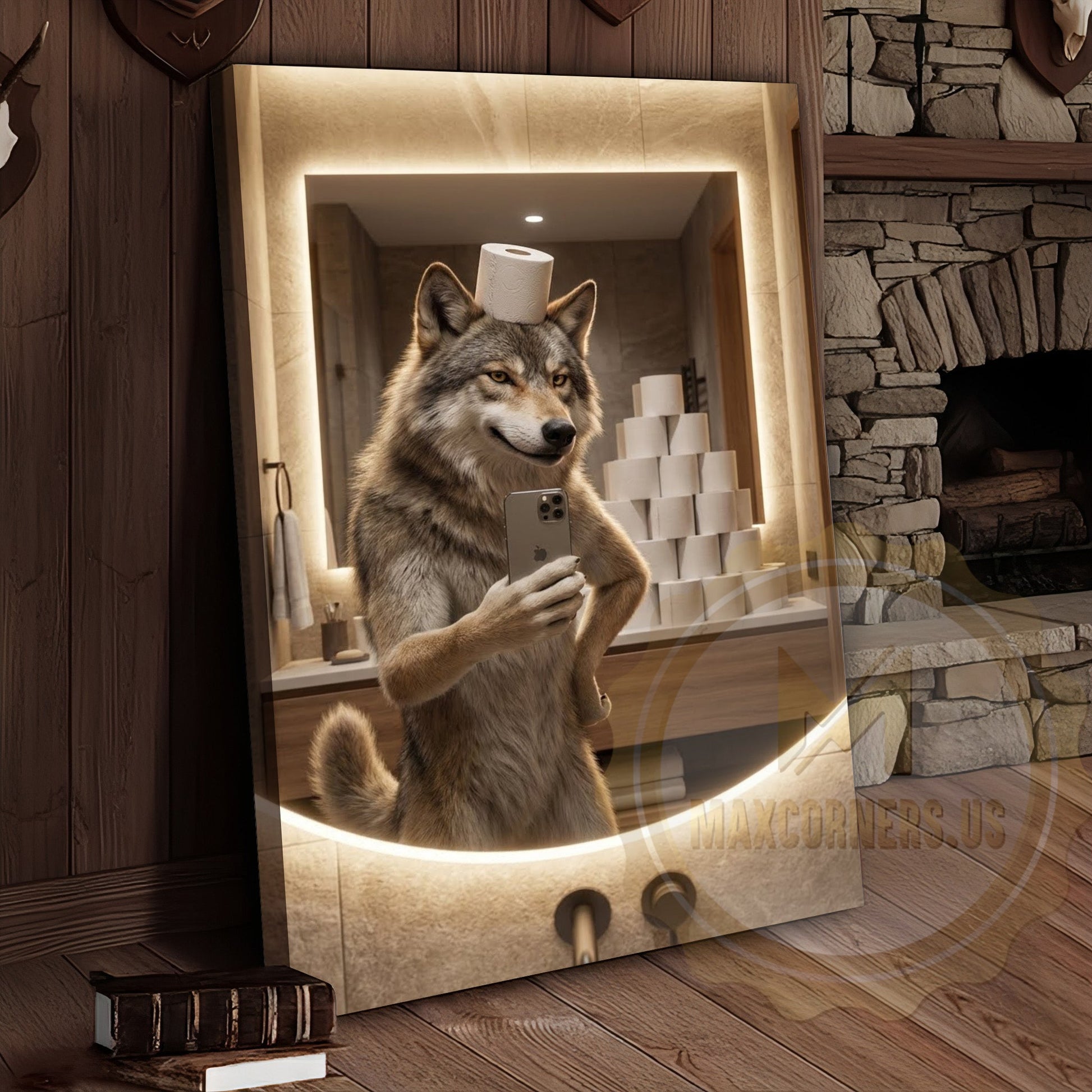 Wolf Canvas Modern Bathroom Mirror Selfie Humor Canvas Wall Art
