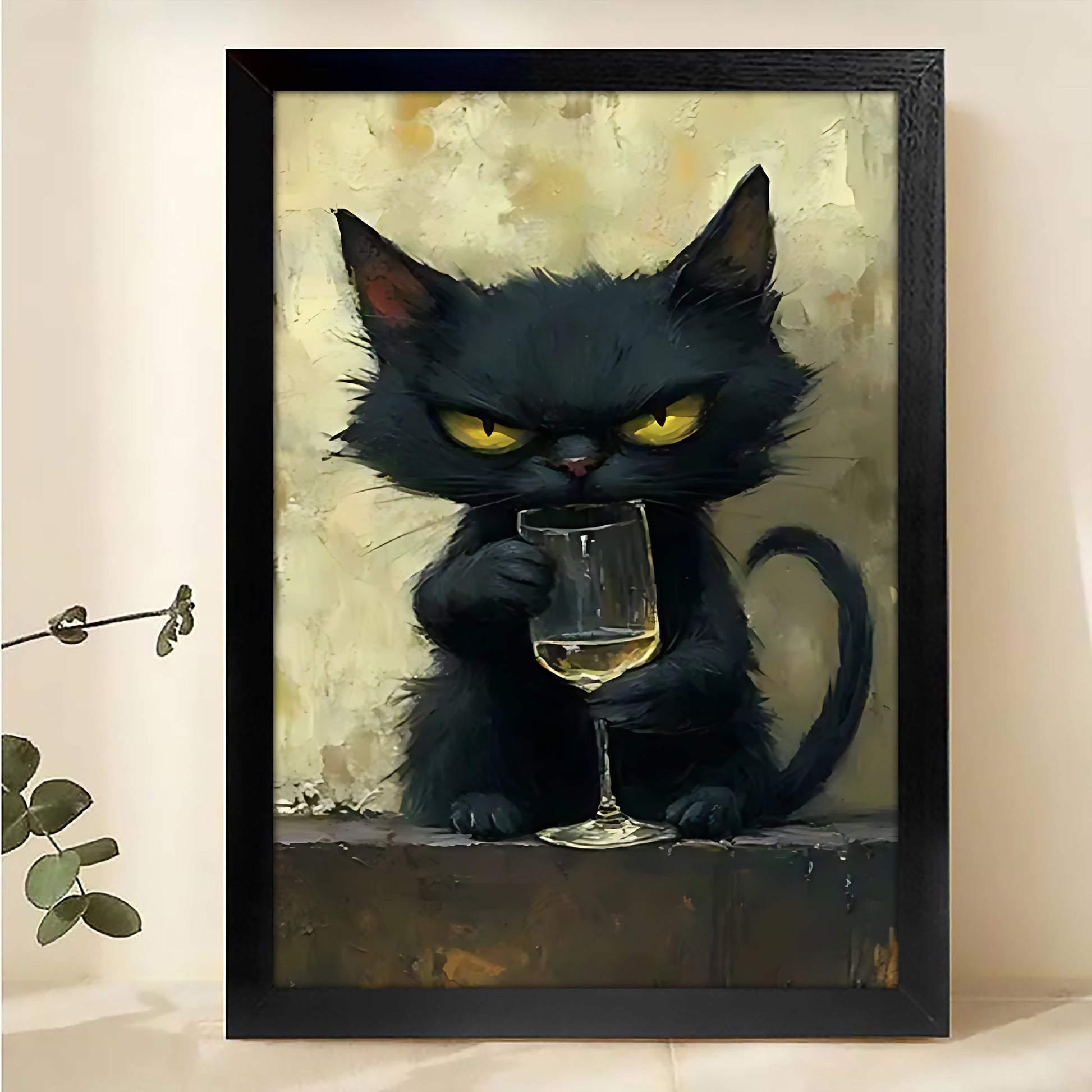 The Sophisticated Black Cat – Elegant Cat Wall Art on Natural Wood Canvas