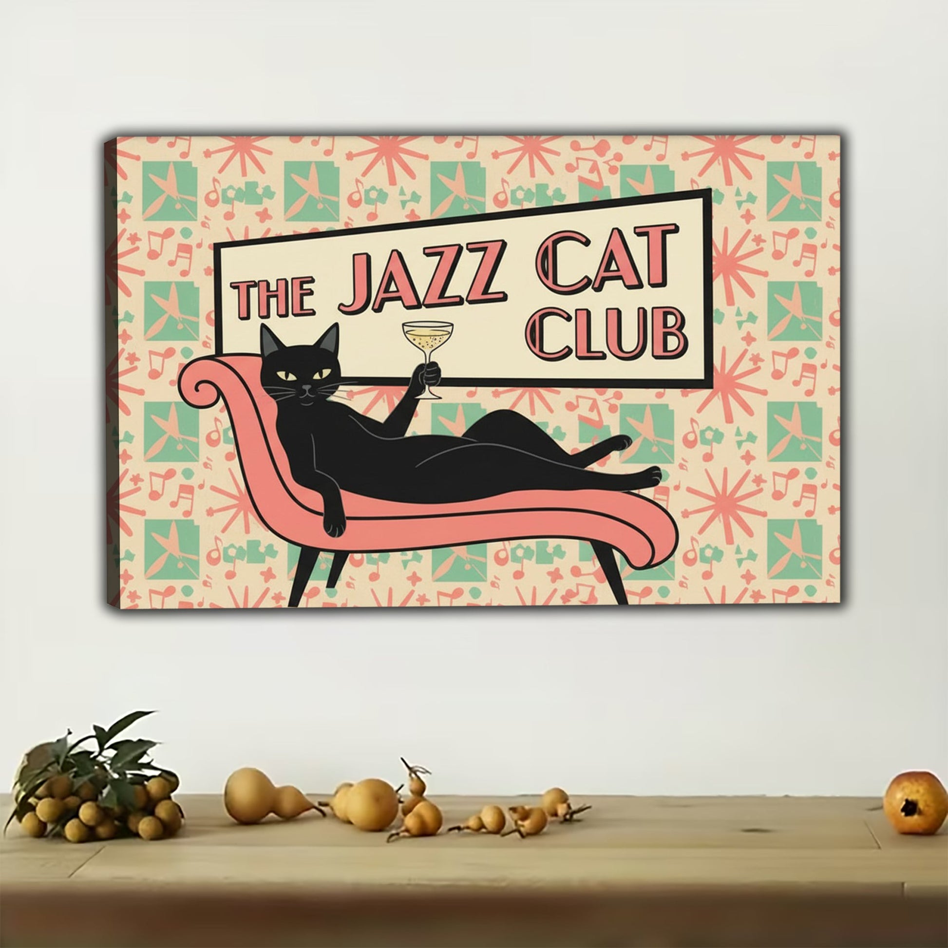 The Jazz Cat Club – Retro Feline Wall Art on Natural Wood Canvas