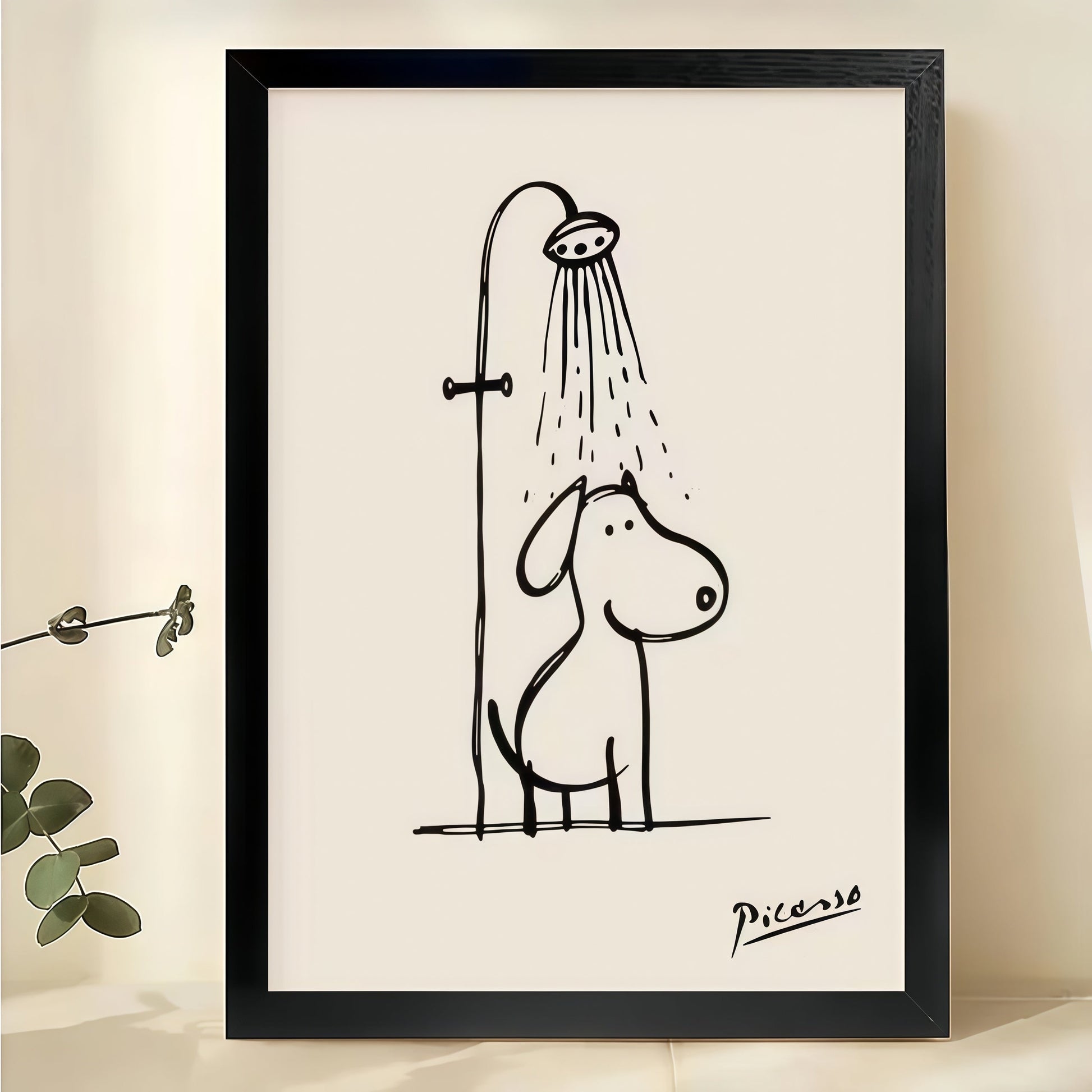 Picasso Showering Dog – Minimalist Bathroom Line Art Wall Art on Natural Wood Canvas