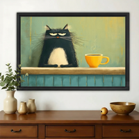 Grumpy Black Cat with Coffee Wall Art – Moody Morning Cat Canvas Print on Natural Wood Frame