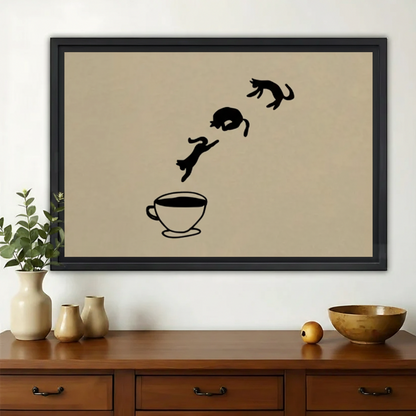 Cats Jumping into Coffee Cup Wall Art – Cute Minimalist Cat Canvas Print on Natural Wood Frame
