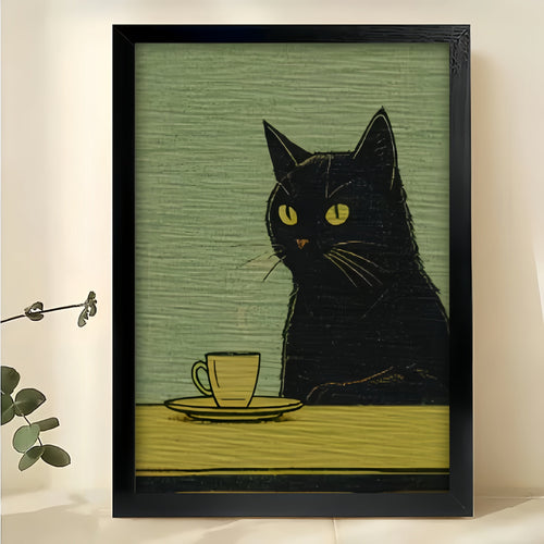 Mini Black Cat with Coffee Cup – Vintage Tiny Wall Art on Natural Wood Canvas