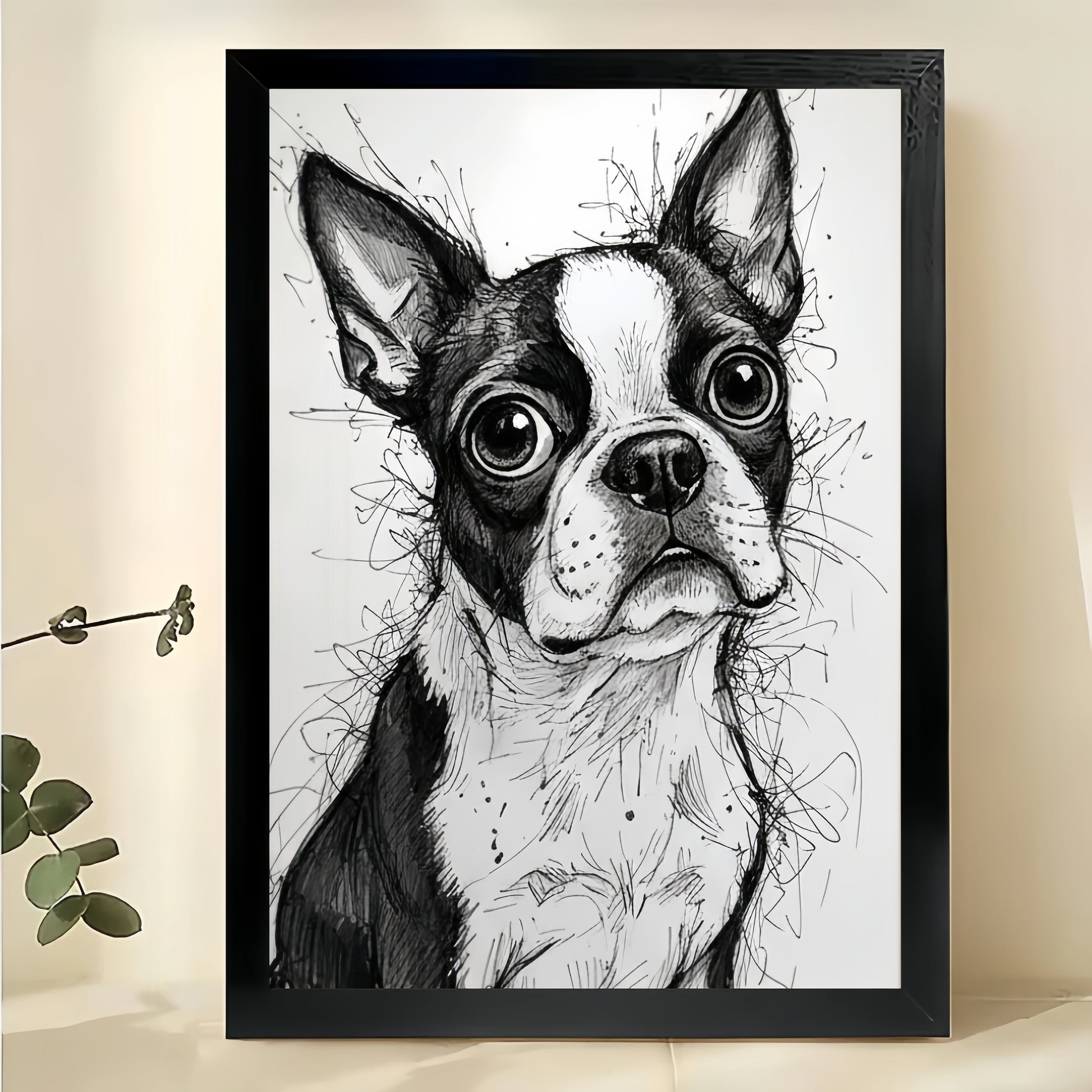 Sketch-Style Big-Eyed Boston Terrier – Whimsical Black & White Line Art Wall Art on Natural Wood Canvas