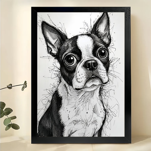 Sketch-Style Big-Eyed Boston Terrier – Whimsical Black & White Line Art Wall Art on Natural Wood Canvas