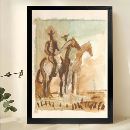 Western Riders – Vintage Rustic Cowboy Sketch Wall Art on Natural Wood Canvas