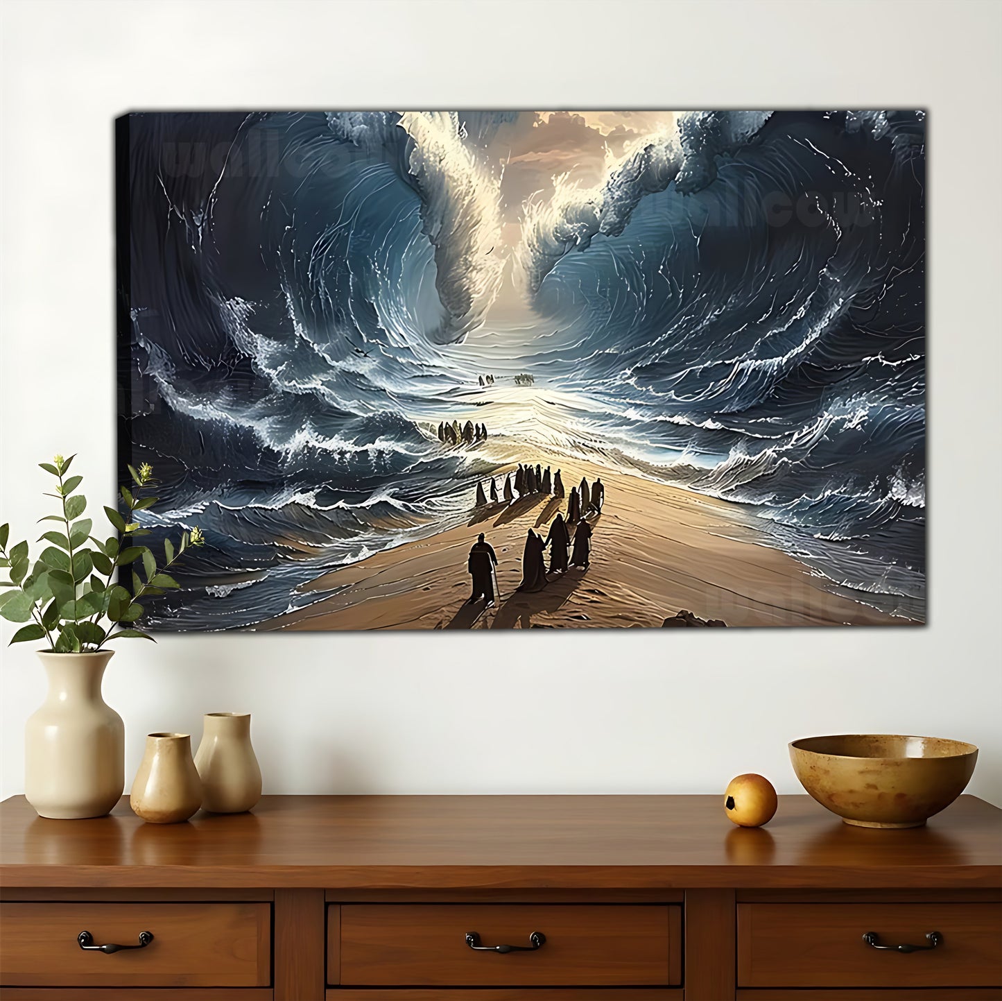 Dramatic Ocean Wave Beach Landscape – Majestic Nature Wall Art on Natural Wood Canvas
