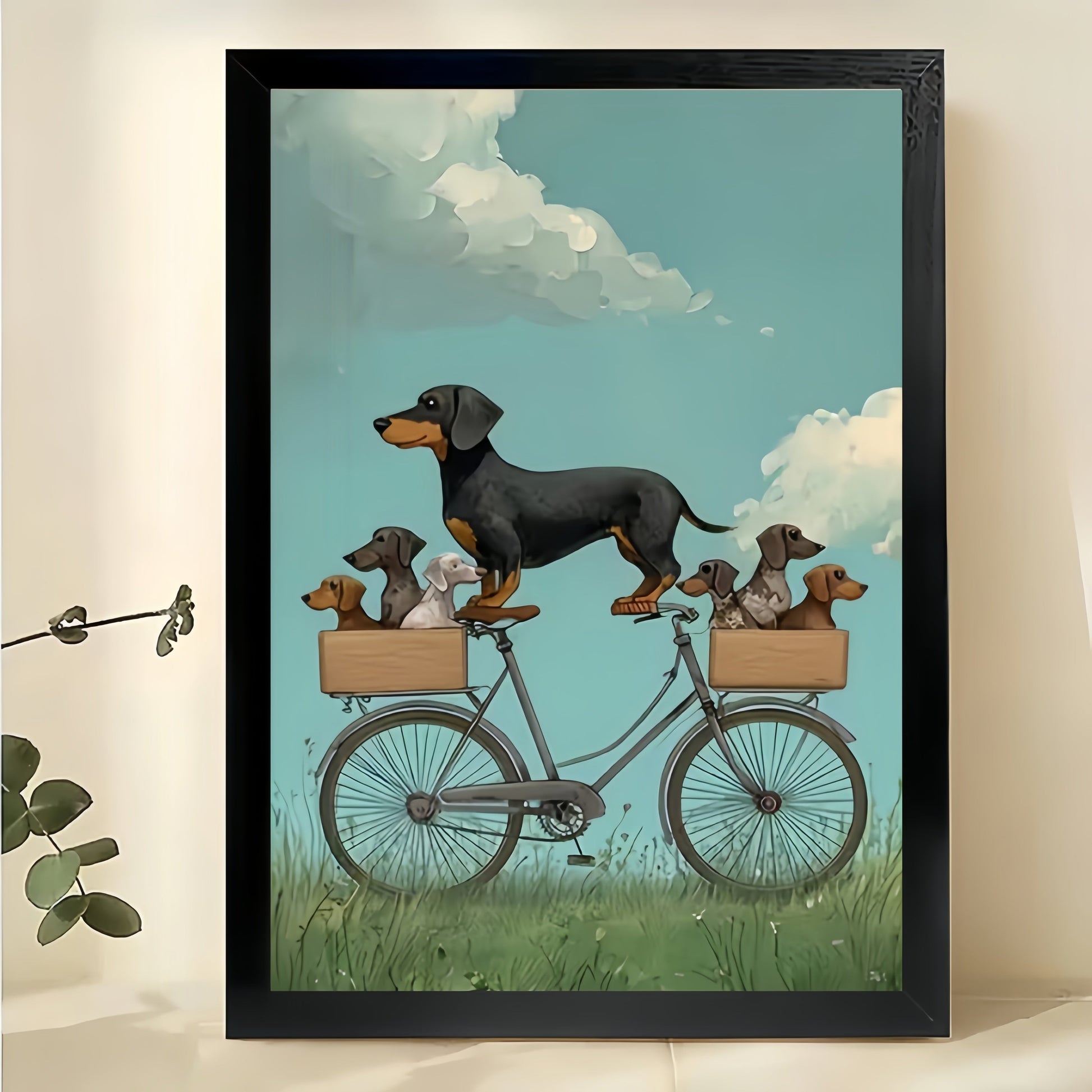 The Biking Dachshund Family – Whimsical Pet Wall Art on Natural Wood Canvas