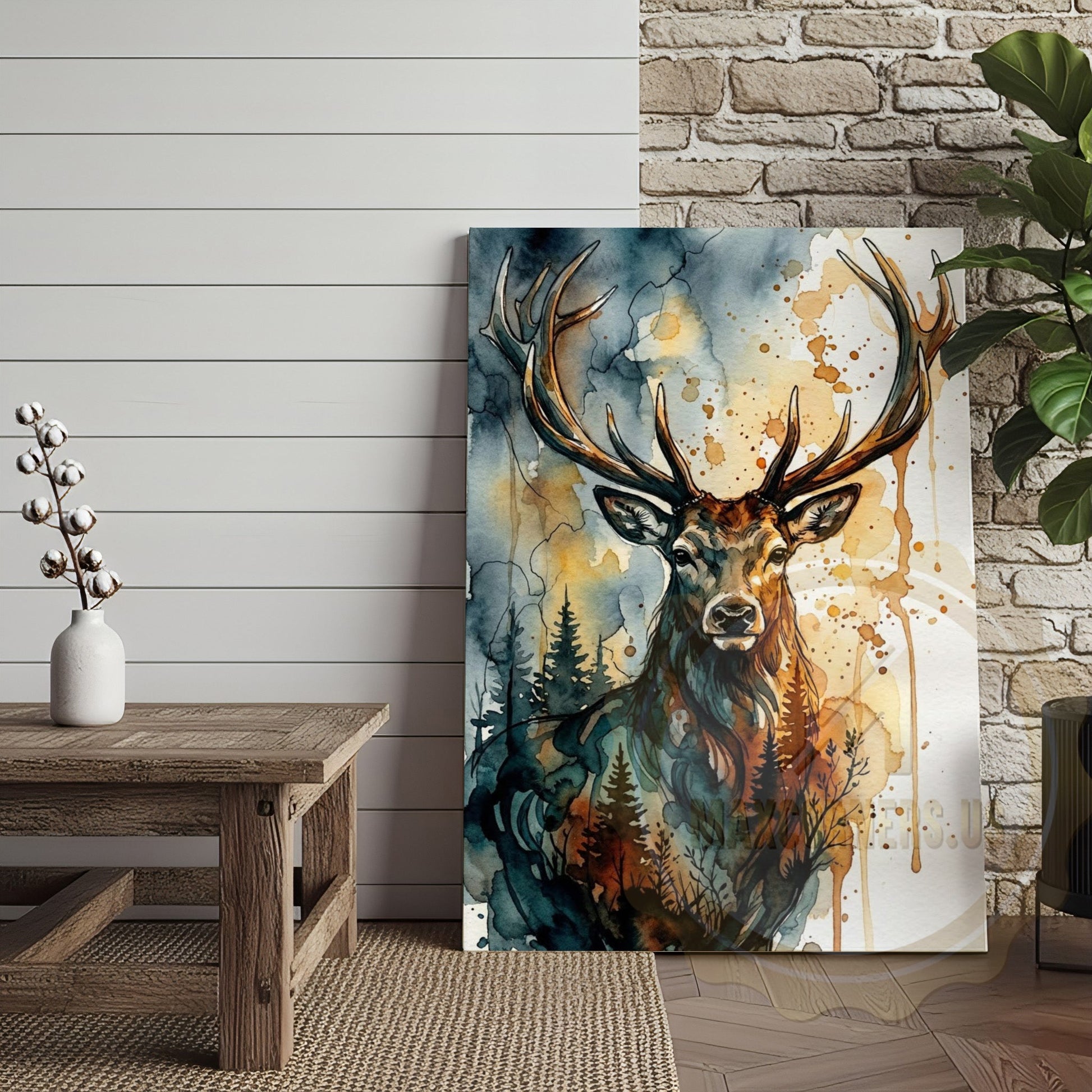 Abstract Deer Canvas Print - Teal and Orange Forest Silhouette