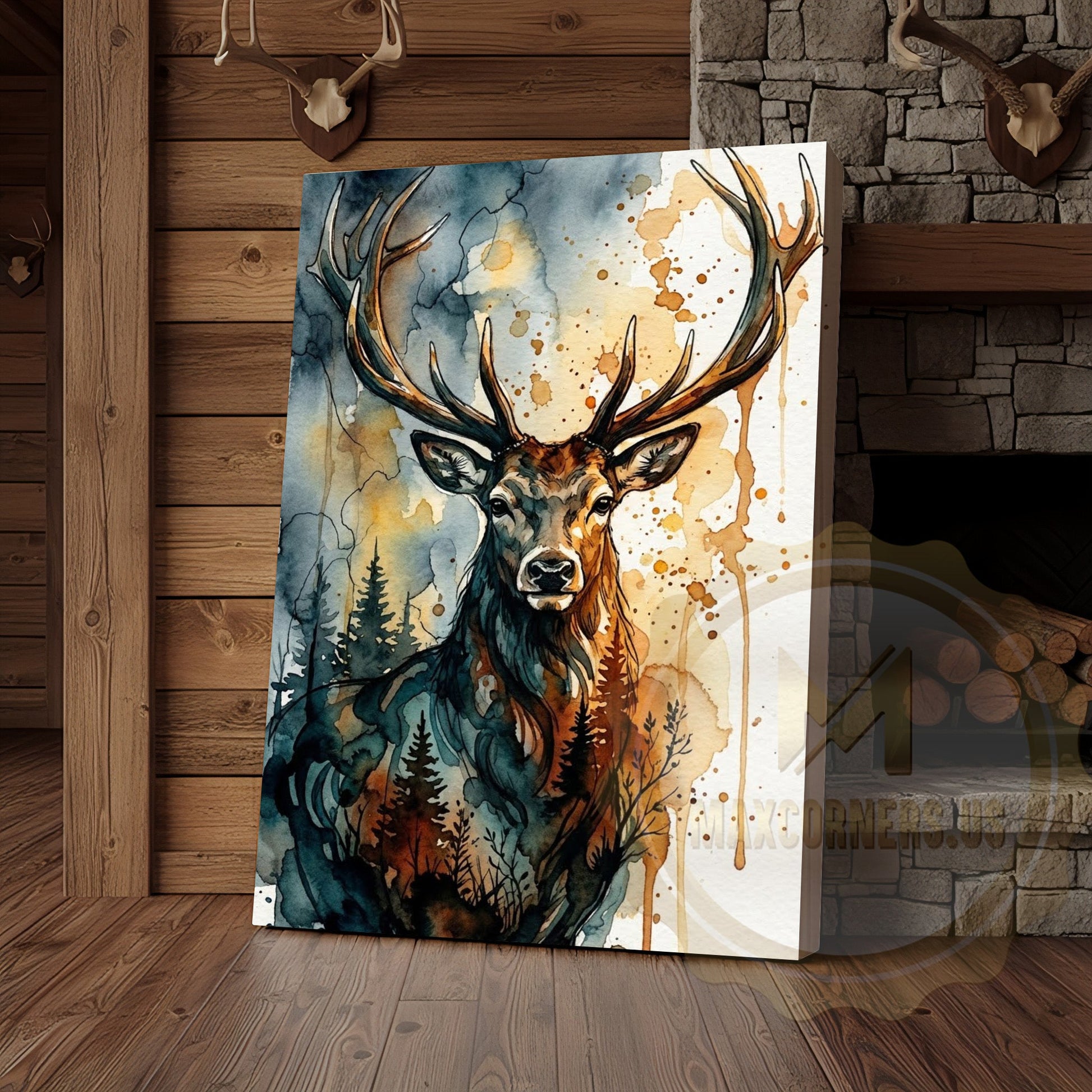 Abstract Deer Canvas Print - Teal and Orange Forest Silhouette