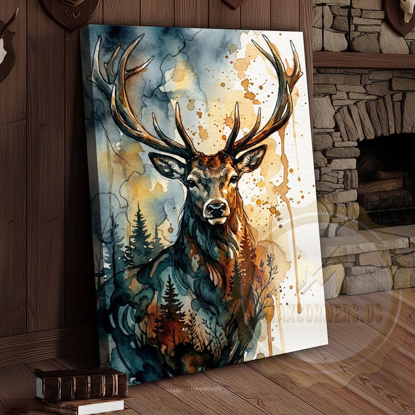 Abstract Deer Canvas Print - Teal and Orange Forest Silhouette