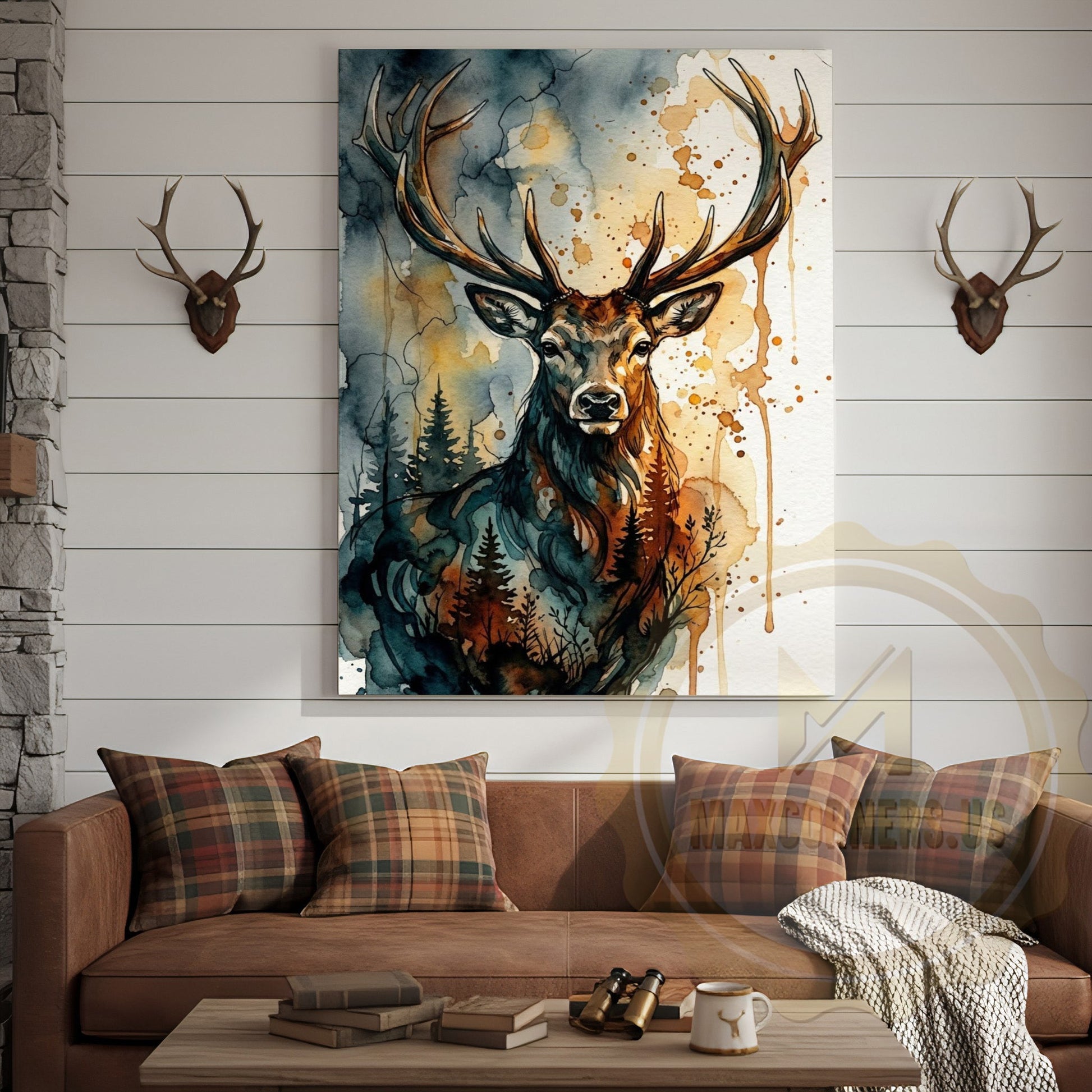 Abstract Deer Canvas Print - Teal and Orange Forest Silhouette