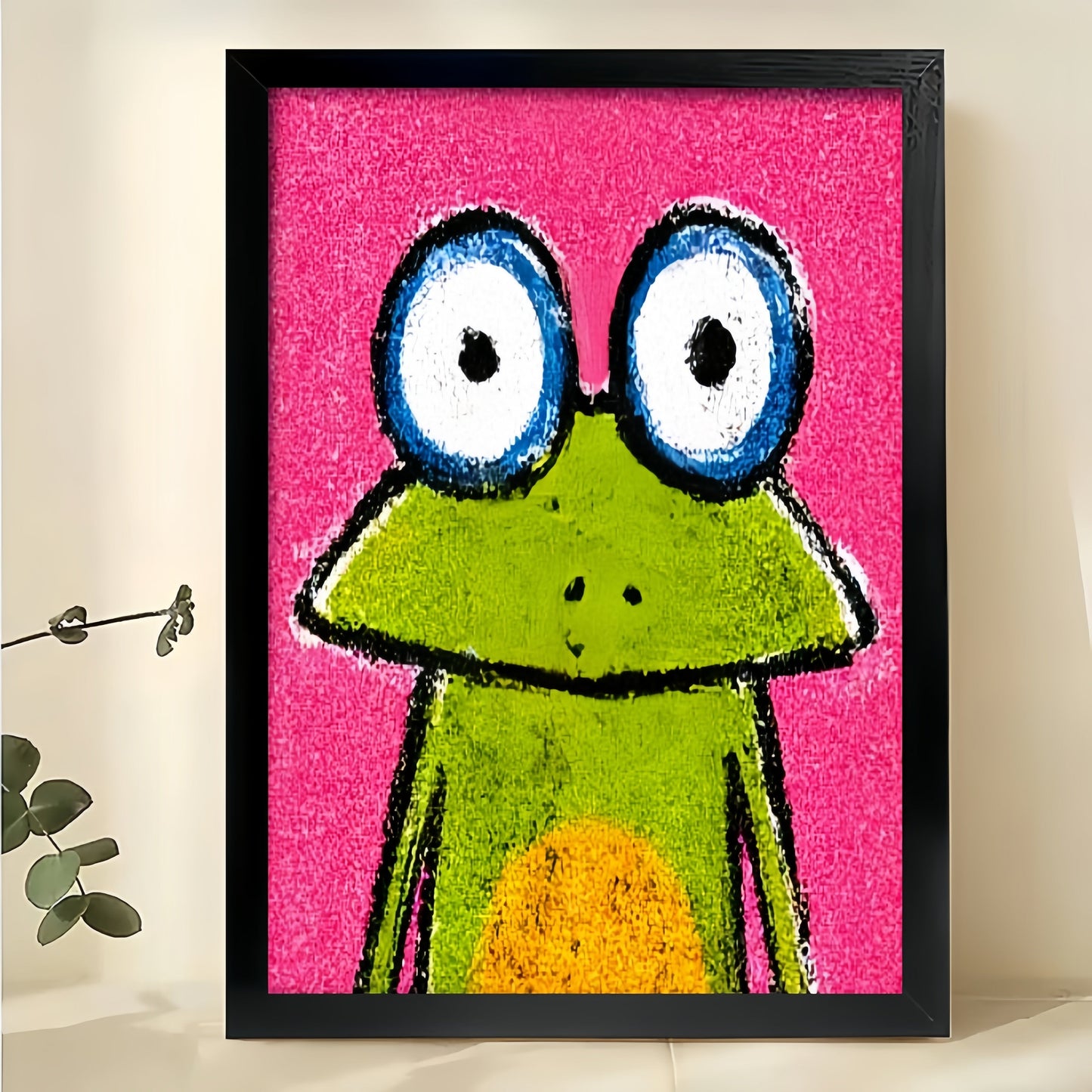 Mini Cartoon Frog in Tiny Gold Frame – Playful Compact Wall Art on Natural Wood Canvas