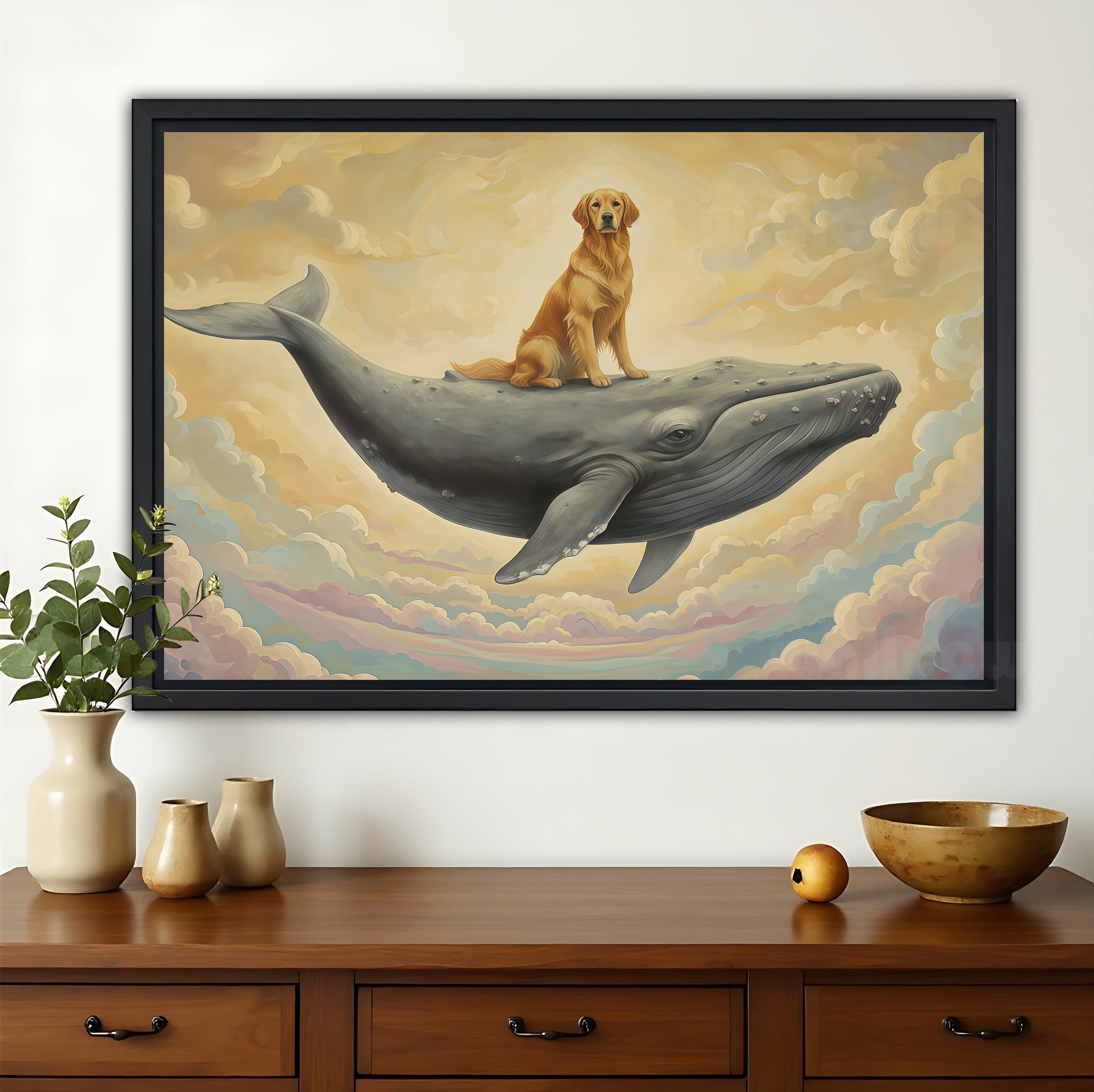 The Vintage Whale Rider – Whimsical Nostalgic Wall Art on Natural Wood Canvas