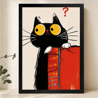 Nosy Black Cat Peeking Over a Gift Box Wall Art – Funny Holiday Canvas Print on Natural Wood Frame