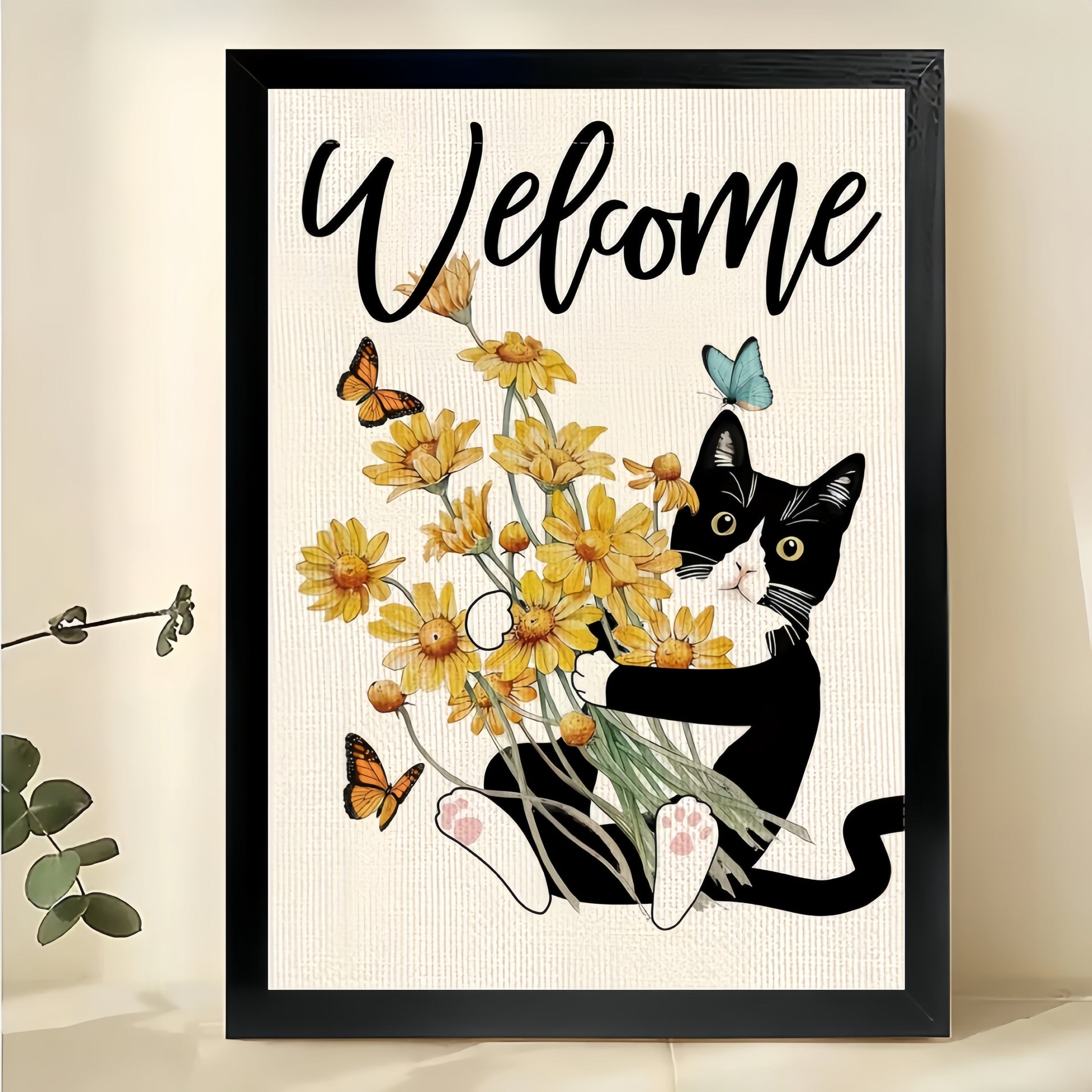 “Welcome” Black & White Cat with Sunflowers – Cheerful Garden Wall Art on Natural Wood Canvas