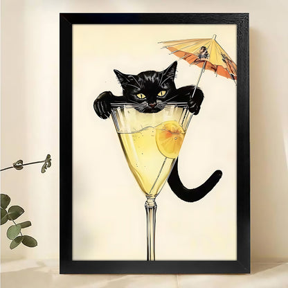 Whimsical Black Cat in Martini Glass Art Print – Funny Cat Wall Decor for Kitchen Bar Canvas Wall Art